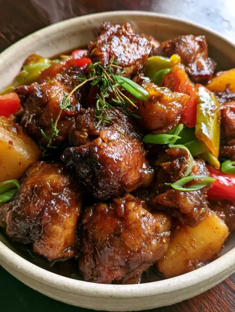 Pollo guisado caribeño: Receta auténtica de Brown Stew Chicken con salsa de caoba 2 Detalle macro de la salsa de caoba brillante sobre piezas de pollo guisado caribeño con tomillo fresco.