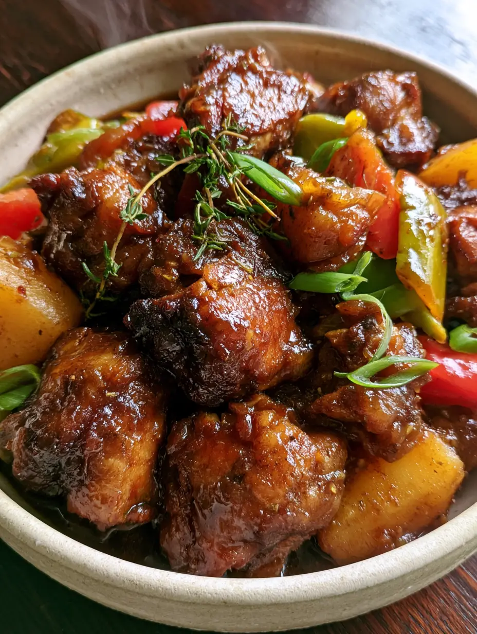 Pollo guisado caribeño: Receta auténtica de Brown Stew Chicken con salsa de caoba 3 Detalle macro de la salsa de caoba brillante sobre piezas de pollo guisado caribeño con tomillo fresco.