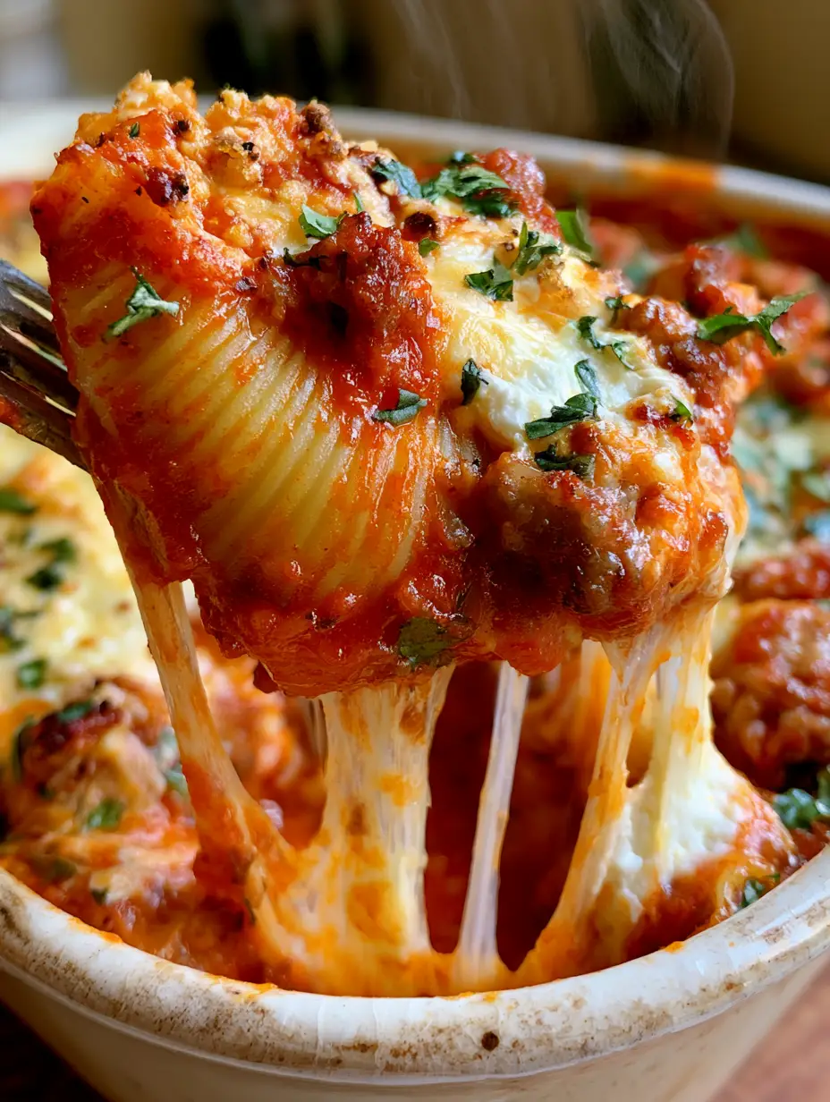Foto de smartphone de una sola concha de pasta jumbo desbordante de ricotta y salchicha italiana. (conchas rellenas)