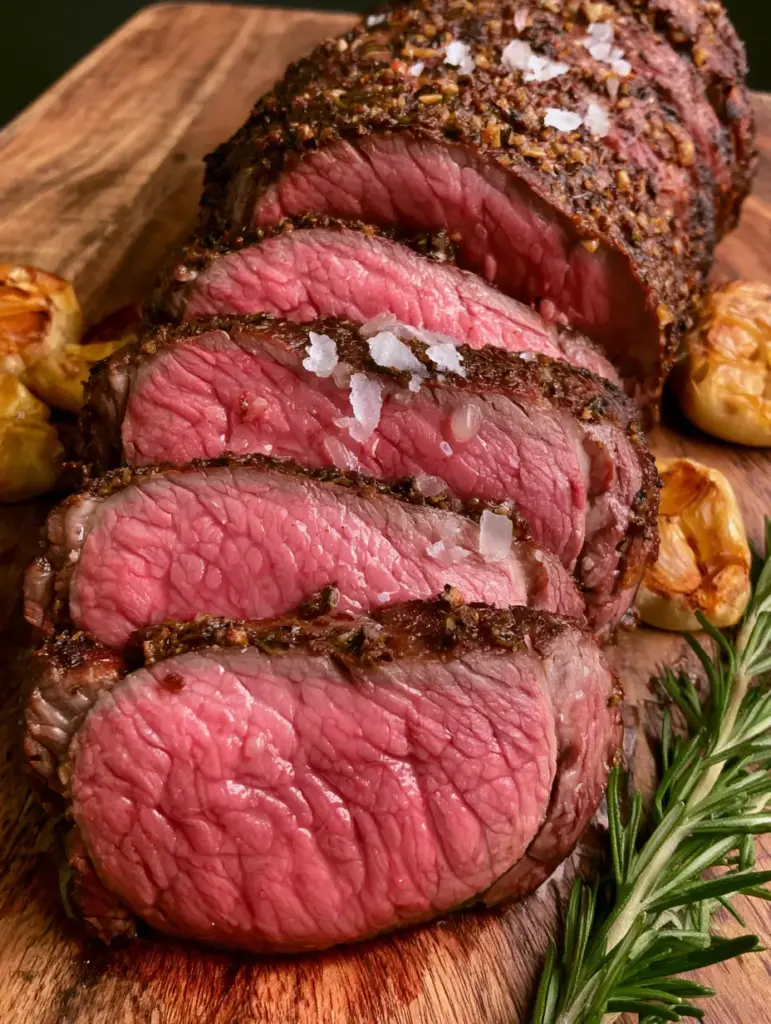 Solomillo de ternera con costra de ajo y romero: El secreto del asado perfecto 2 Detalle de la costra de ajo y pimienta sobre un solomillo de ternera perfectamente sellado.