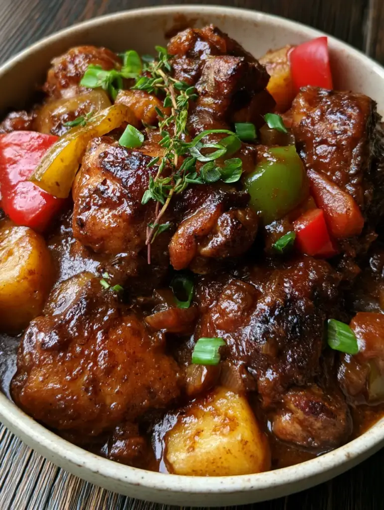 Pollo guisado caribeño: Receta auténtica de Brown Stew Chicken con salsa de caoba 1 Pollo guisado caribeño humeante servido en un bol de cerámica con patatas doradas y pimientos rojos.