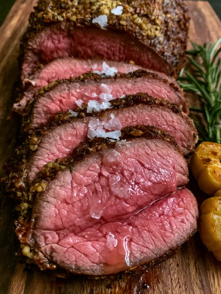 Solomillo de ternera con costra de ajo y romero: El secreto del asado perfecto 1 Solomillo de ternera rebanado mostrando jugos claros y sal en escamas sobre fondo rústico.