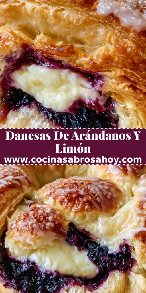 Primer plano de danesas de arándanos doradas con glaseado de limón y azúcar brillante.