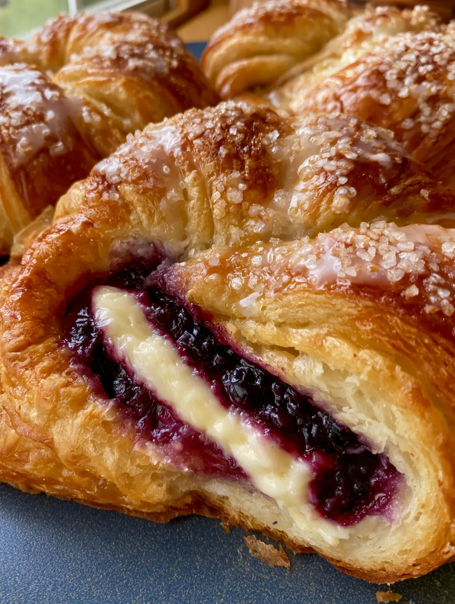 Foto cenital de una danesa de arándanos con un bocado que muestra el interior de queso crema y fruta. (danesas de arándanos)