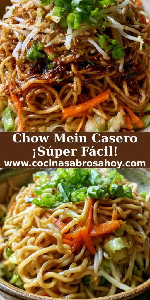 Primer plano de un tazón de chow mein casero con fideos brillantes, zanahorias y cebolletas sobre una mesa de madera rústica.