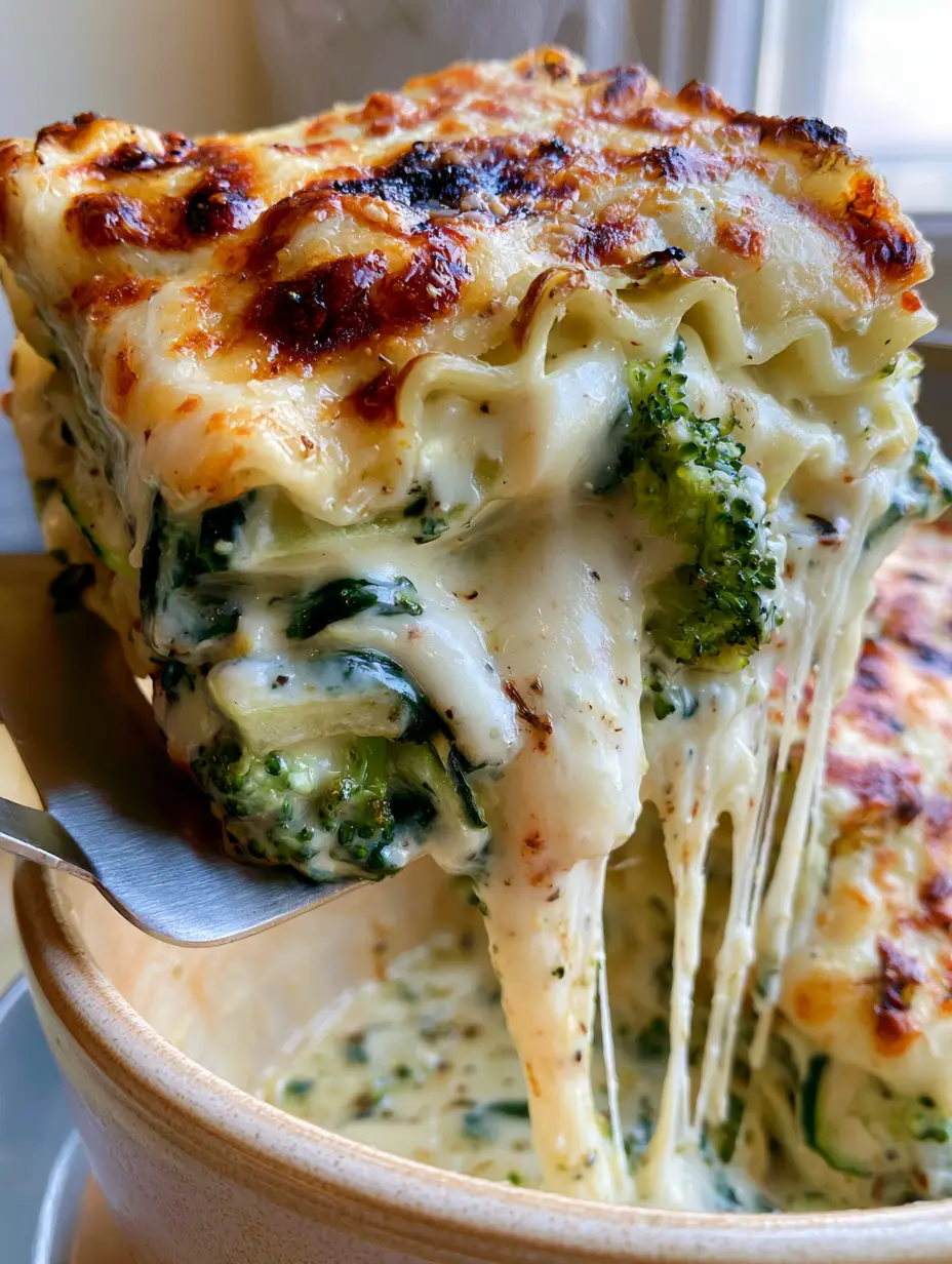 Corte lateral de una lasaña de verduras mostrando capas de pasta ondulada, brócoli y espinacas con salsa bechamel.