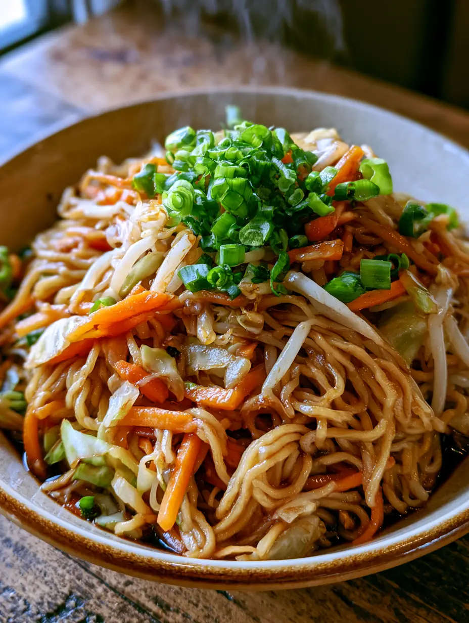 Foto cenital de chow mein casero humeante en un bol cerámico rodeado de ingredientes frescos.