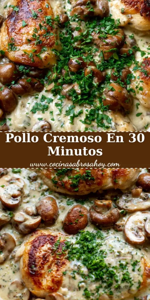 Plano cenital de pollo al boursin en sartén rústica con salsa cremosa y champiñones. (pollo al boursin)