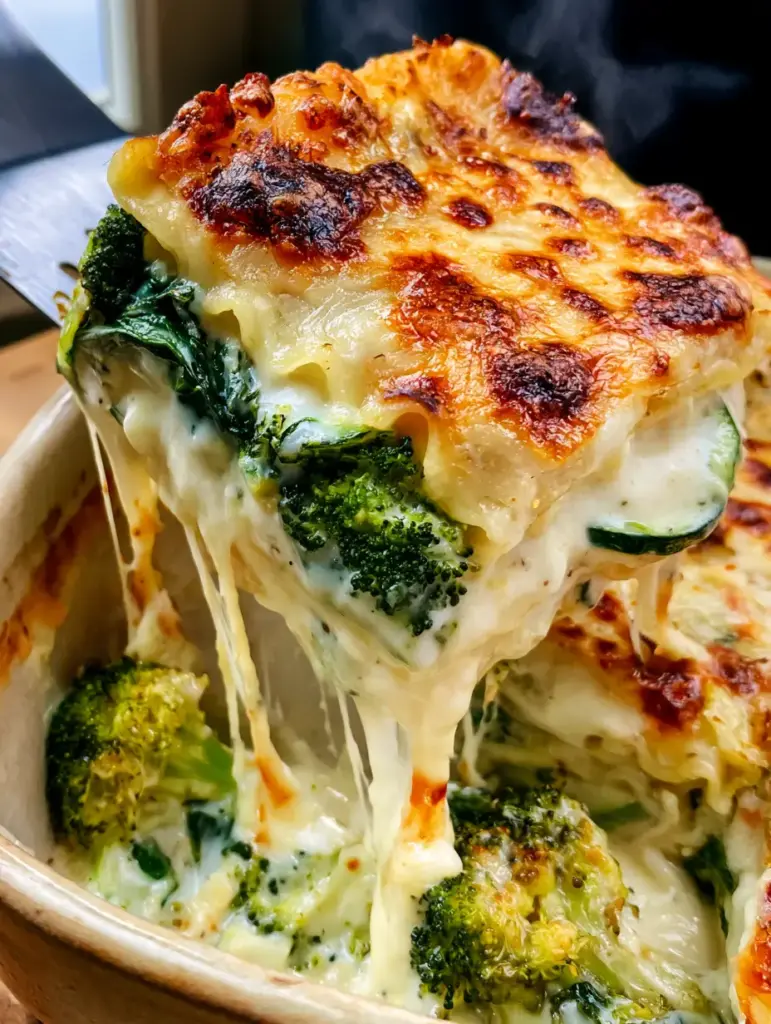 Gratinado dorado de queso mozzarella y parmesano sobre una lasaña de verduras en molde de cerámica.