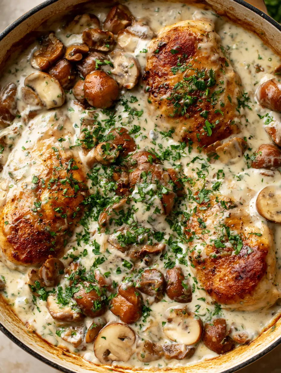 Primer plano de pechugas de pollo doradas en salsa de queso Boursin y perejil. (pollo al boursin)
