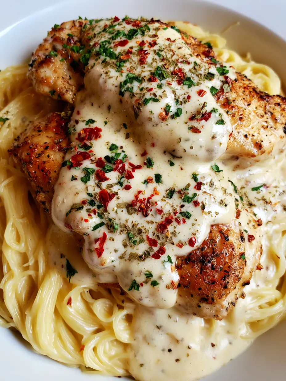 Primer plano de pechuga de pollo dorada bañada en salsa blanca con especias italianas. (pollo a la italiana)