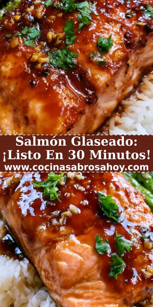 Primer plano de un filete de salmón glaseado con azúcar morena y ajo sobre arroz jazmín con espárragos. (salmón glaseado)