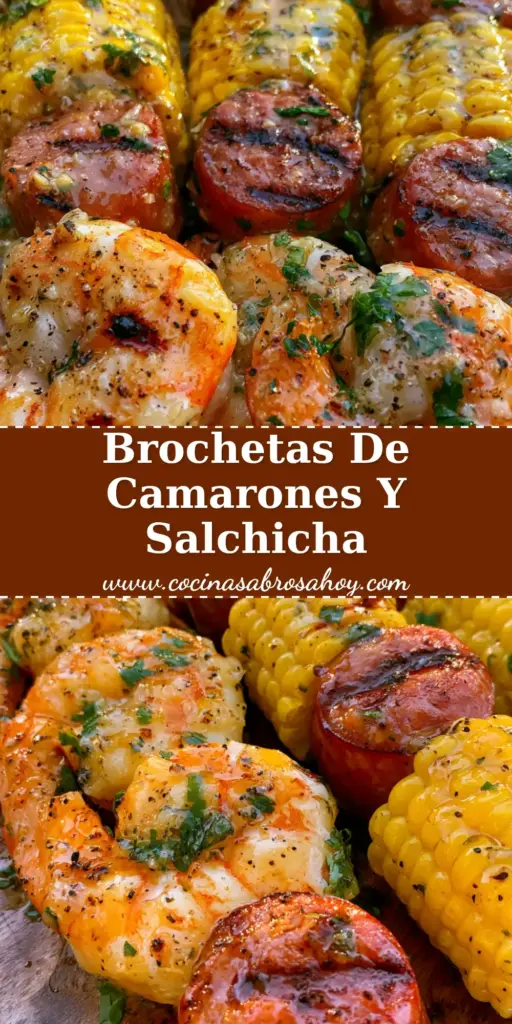 Primer plano de tres brochetas de camarones con salchicha y elote en un plato de madera rústica bajo luz dorada.