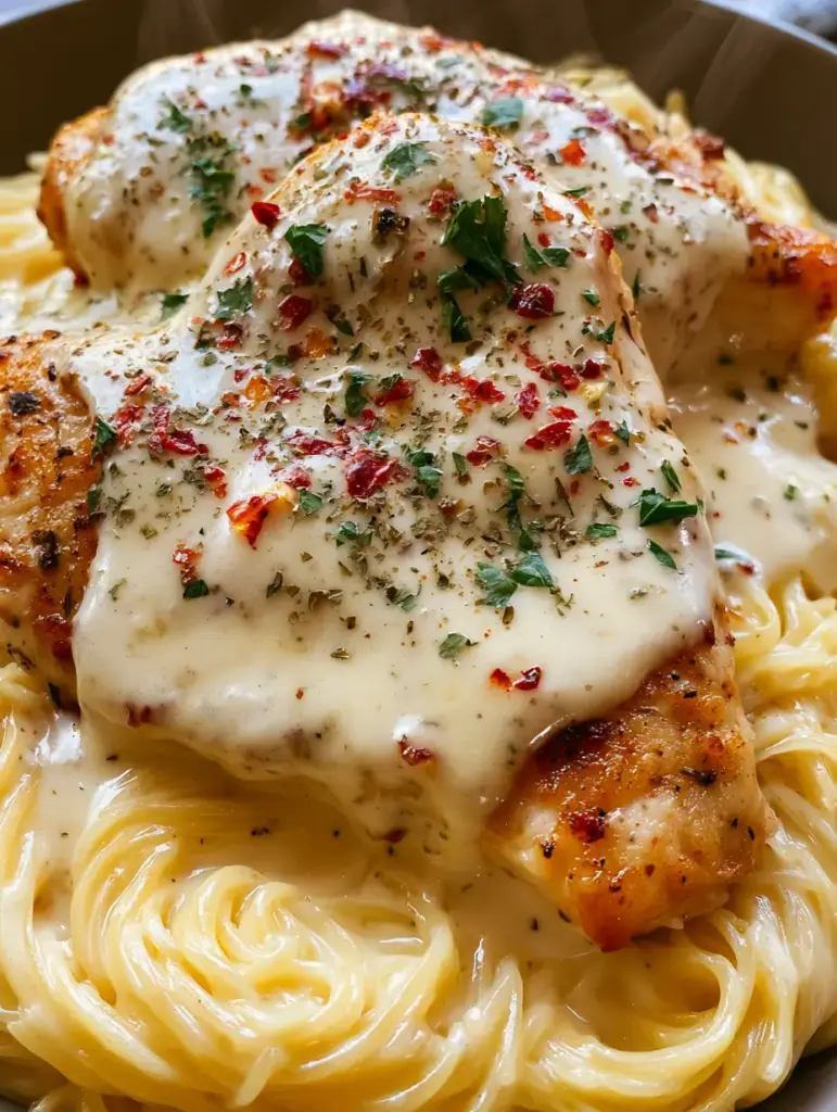 Pasta cabello de ángel brillante mezclada con salsa de crema de ajo y pollo. (pollo a la italiana)
