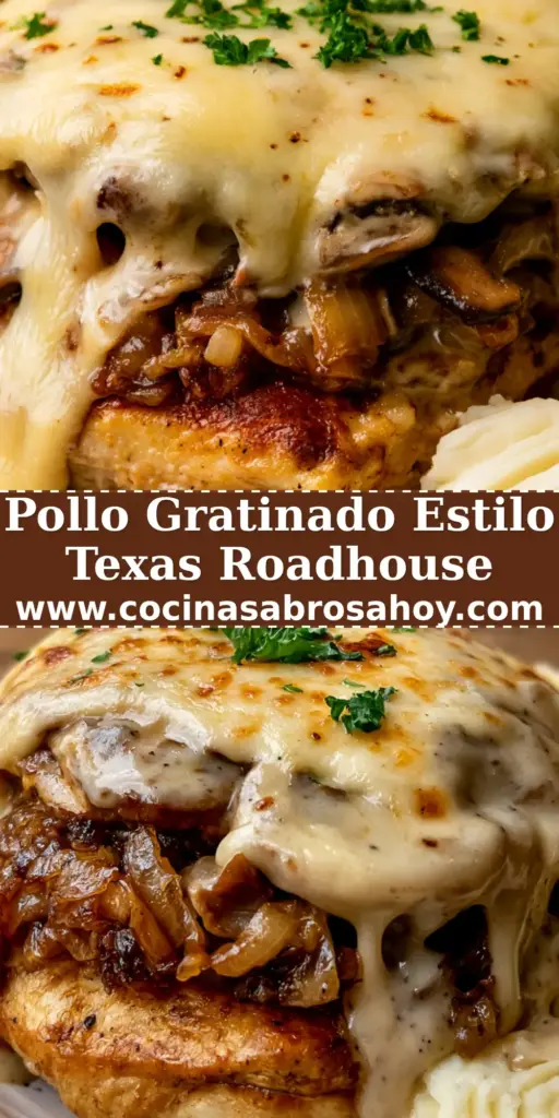 Pollo gratinado con champiñones y cebolla caramelizada al estilo Texas Roadhouse 4 Plato de pollo gratinado con queso derretido, cebollas y champiñones servido con puré de papas. (pollo gratinado)