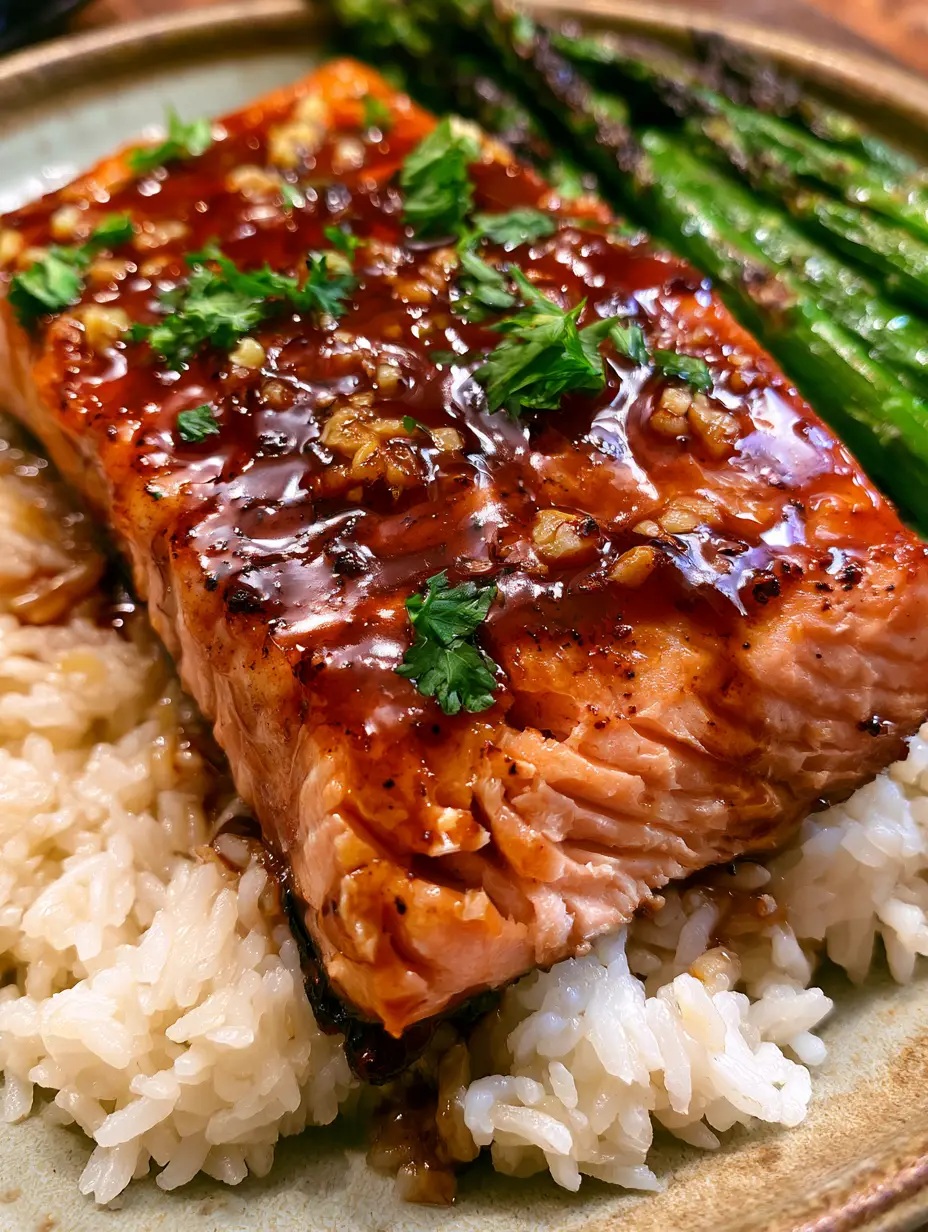 Foto de primer plano extrema de salmón glaseado burbujeando en la sartén con ajo y perejil. (salmón glaseado)