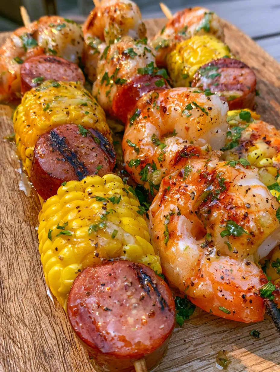 Foto cenital de brochetas de camarones brillantes con cilantro y pimienta negra (brochetas de camarones).