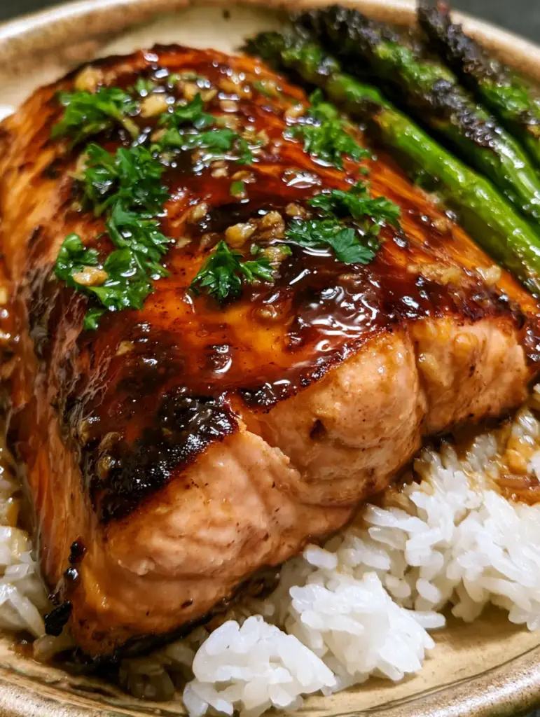 Salmón glaseado servido en plato rústico con arroz humeante y espárragos verdes asados.