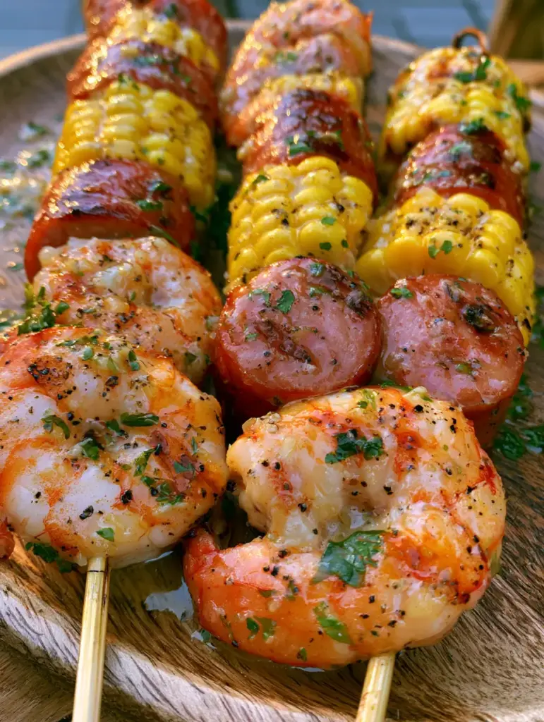 Brochetas de camarones asadas con rodajas de maíz y salchicha ahumada en una tabla rústica.