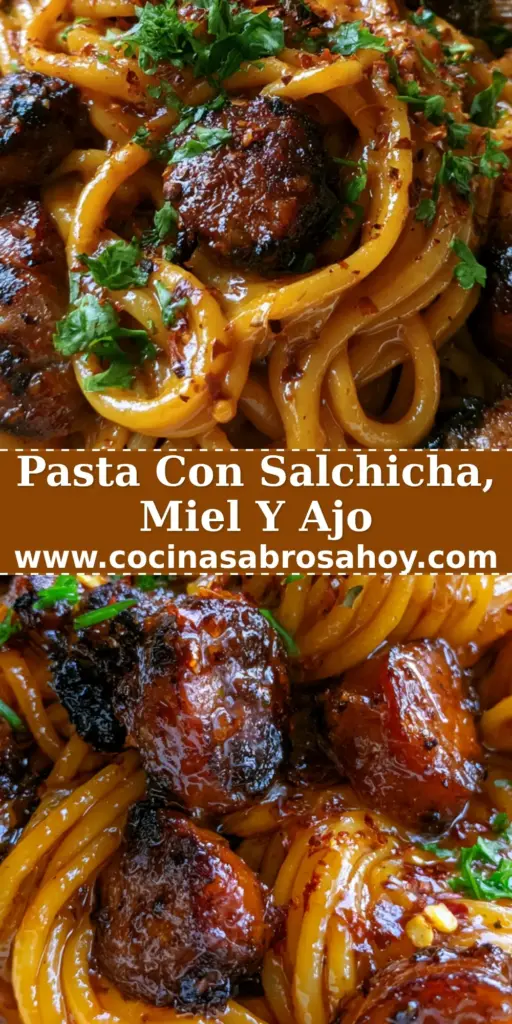 Plato rústico de pasta con salchicha ahumada glaseada en salsa de miel y ajo, con perejil fresco y copos de pimiento rojo.