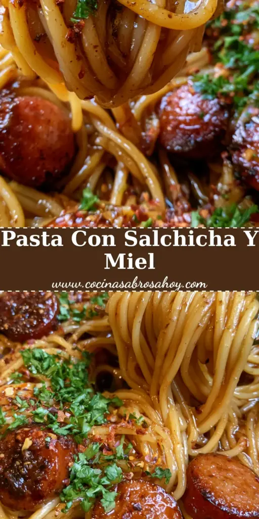 Primer plano de un tenedor levantando espaguetis con glaseado de miel y ajo y rodajas de salchicha ahumada. (pasta con salchicha)