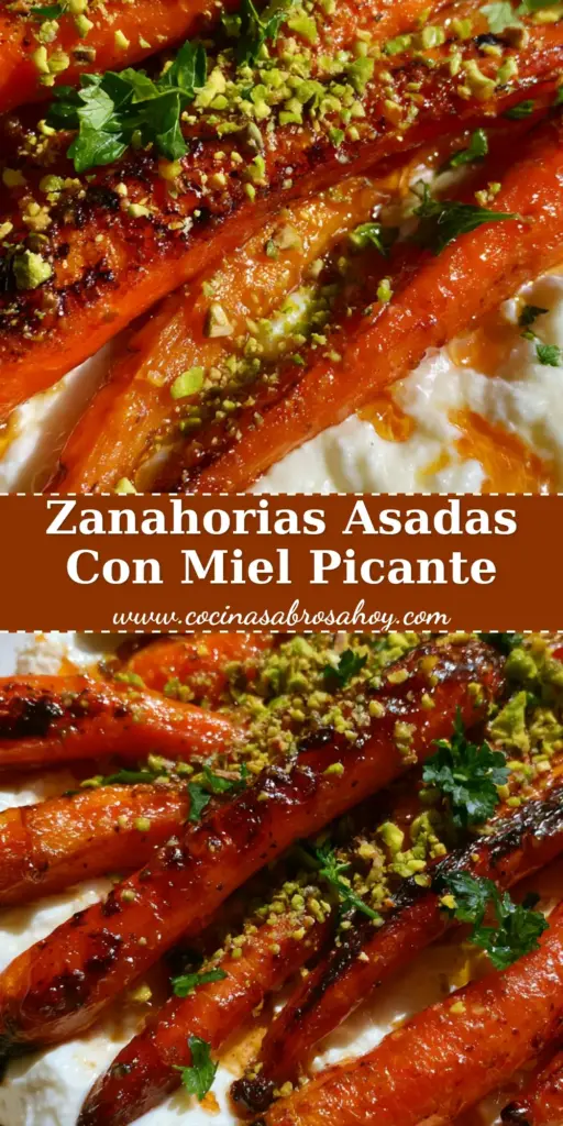 Plato rústico con zanahorias asadas glaseadas en miel picante sobre una cama de ricotta batida con pistachos. (zanahorias asadas)