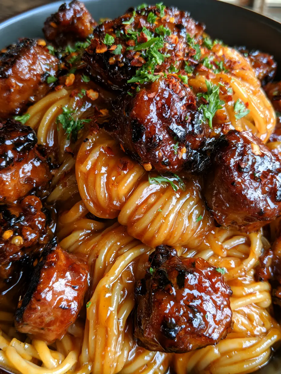 Primer plano de espaguetis brillantes y salchichas doradas con vapor ascendente en una cocina rústica. (pasta con salchicha)