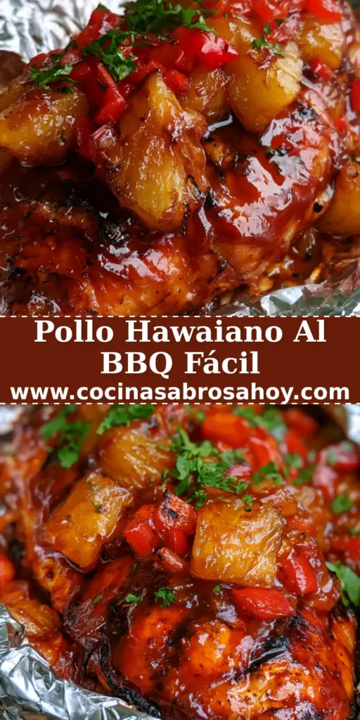 Pollo hawaiano: La receta más jugosa y glaseada en papel aluminio 4 Pechuga de pollo hawaiano a la parrilla servida en papel aluminio con glaseado brillante de BBQ y trozos de piña.