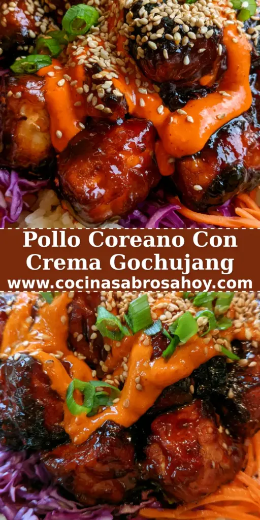 Tazón de pollo bbq coreano con glaseado oscuro de miel, arroz jazmín, repollo morado y lluvia de sésamo.