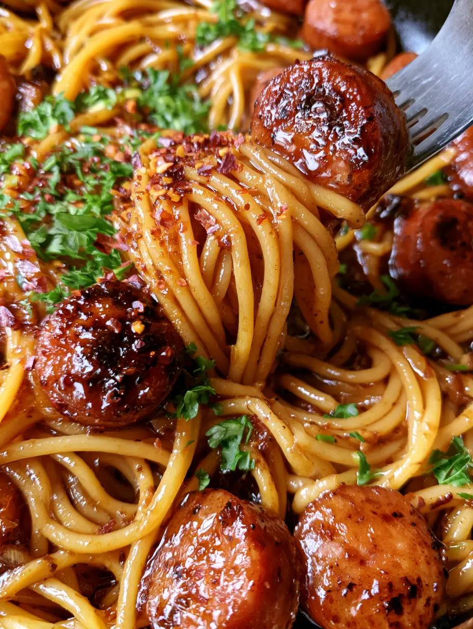 Sartén caliente con pasta con salchicha glaseada, mostrando el brillo ámbar y perejil fresco. (pasta con salchicha)