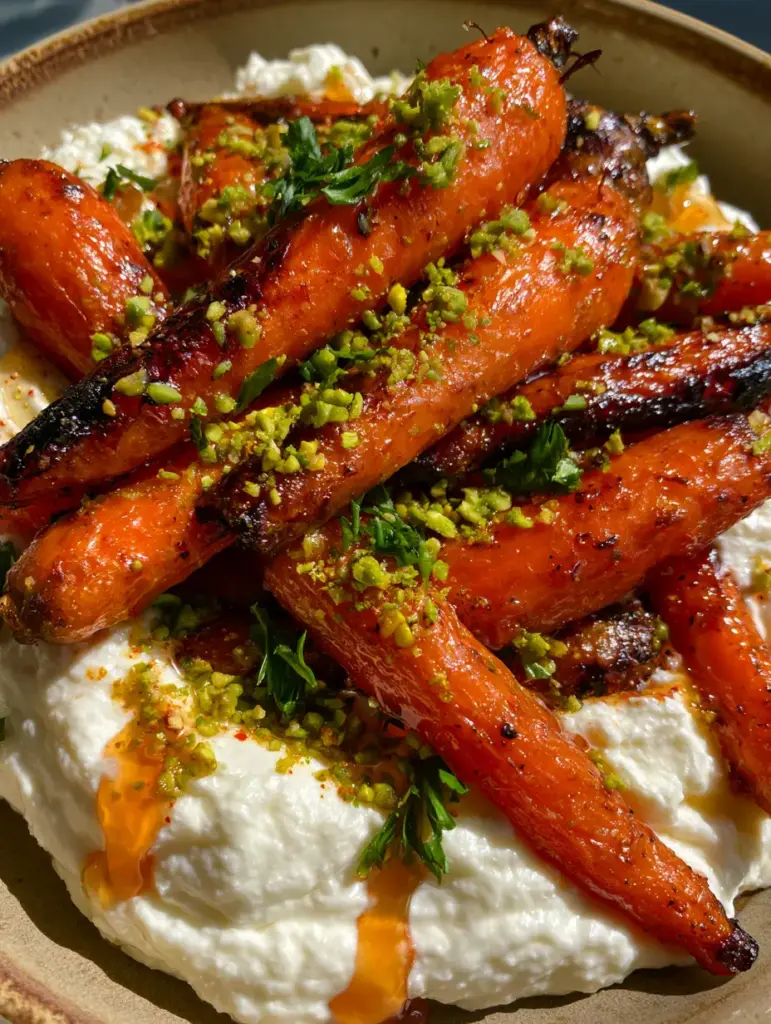 Primer plano de zanahorias asadas con piel caramelizada y gotas de miel picante. (zanahorias asadas)