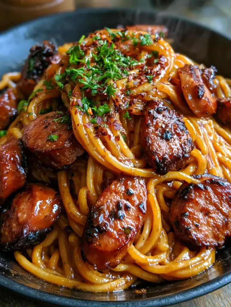 Foto de smartphone de un plato de pasta con salchicha bajo luz natural de ventana, resaltando la textura pegajosa de la salsa.