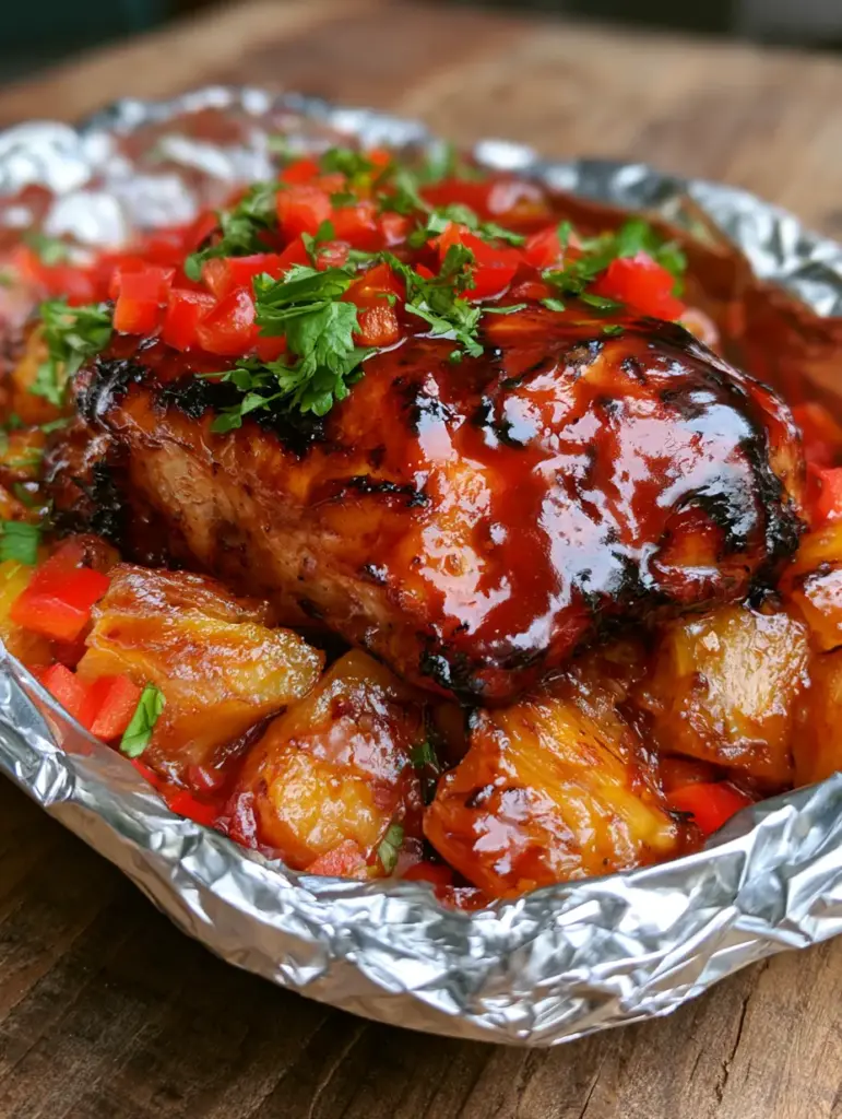 Pollo hawaiano: La receta más jugosa y glaseada en papel aluminio 2 Primer plano de pollo hawaiano con marcas de parrilla y salsa BBQ caoba espesa. (pollo hawaiano)