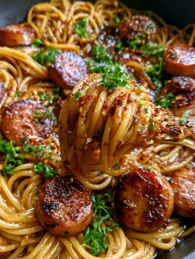 Detalle de espaguetis entrelazados con salchicha caramelizada bajo luz natural. (pasta con salchicha)