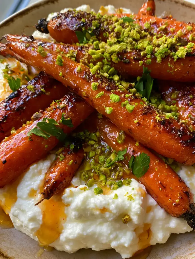 Zanahorias asadas servidas artísticamente con ricotta blanca esponjosa y pistachos verdes.
