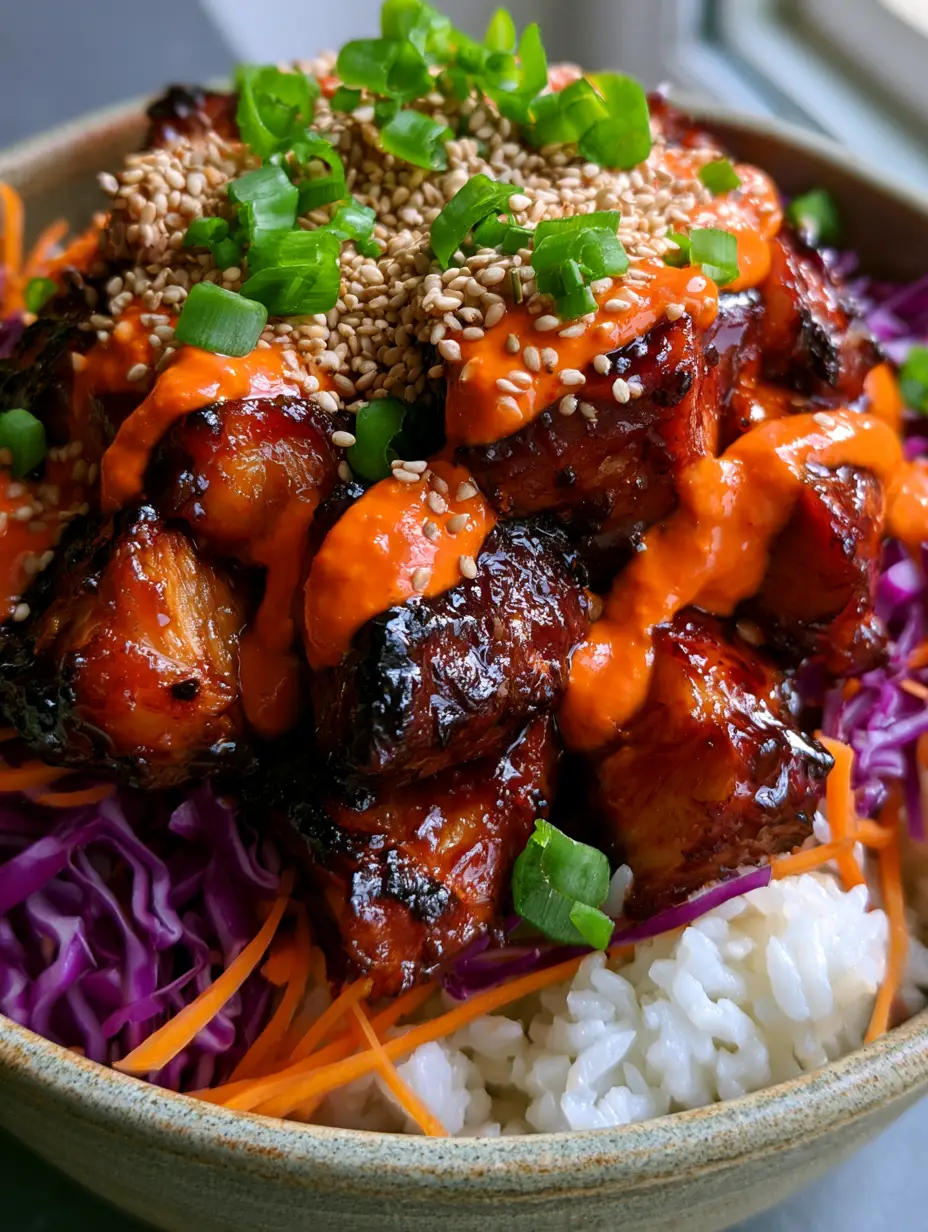 Primer plano de cubos de pollo bbq coreano caramelizados con salsa naranja de gochujang.