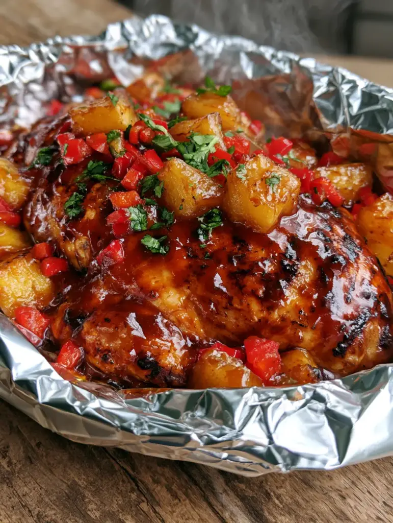 Pollo hawaiano: La receta más jugosa y glaseada en papel aluminio 1 Paquete de papel aluminio abierto mostrando pollo hawaiano con pimientos rojos y cilantro fresco.