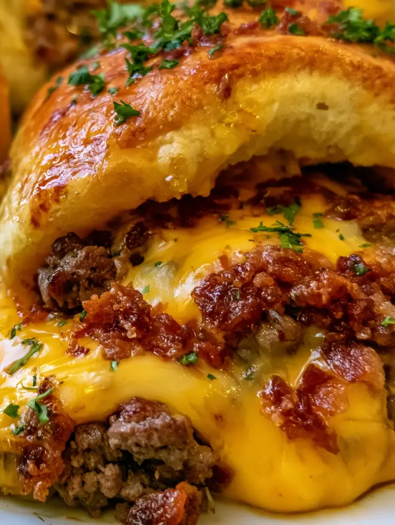 Bombas de cheeseburger: La receta irresistible con queso fundido y tocino crujiente 2 Vista de cerca de una bomba de cheeseburger con masa dorada y perejil fresco. (bombas de cheeseburger)