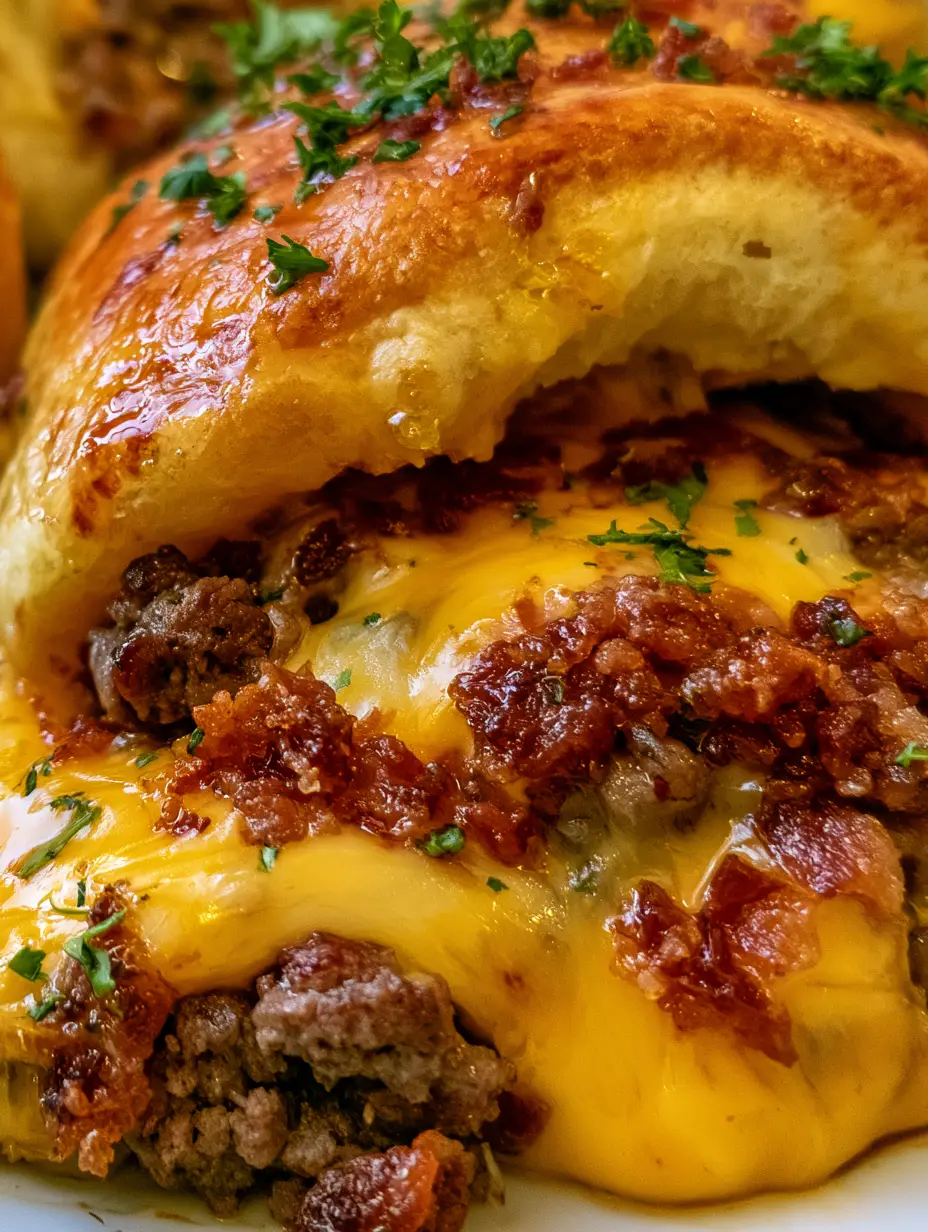 Bombas de cheeseburger: La receta irresistible con queso fundido y tocino crujiente 3 Vista de cerca de una bomba de cheeseburger con masa dorada y perejil fresco. (bombas de cheeseburger)