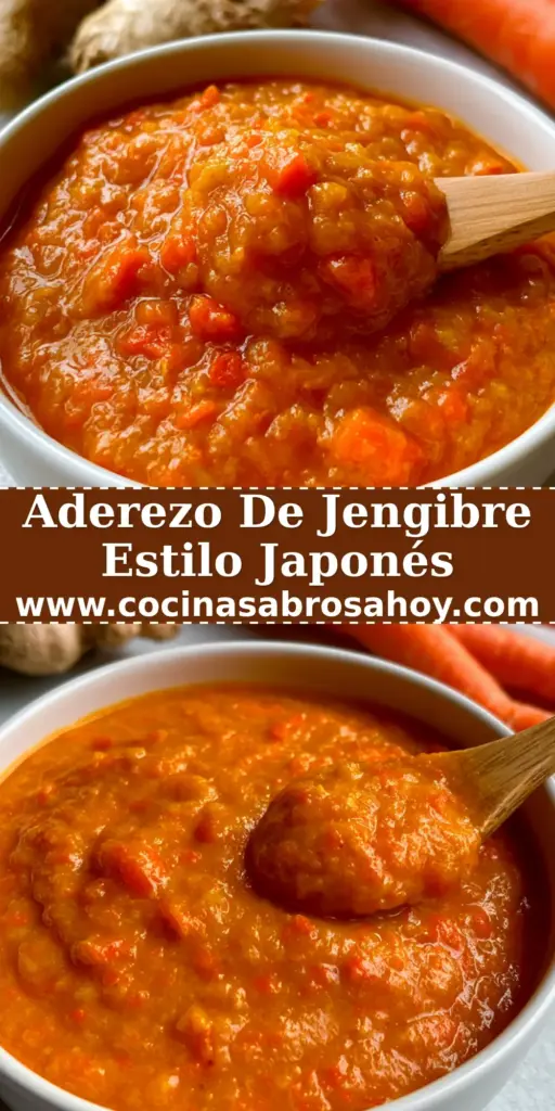 Aderezo de jengibre naranja vibrante en un cuenco blanco con una cuchara de madera, rodeado de zanahorias y raíces de jengibre frescas sobre piedra gris.
