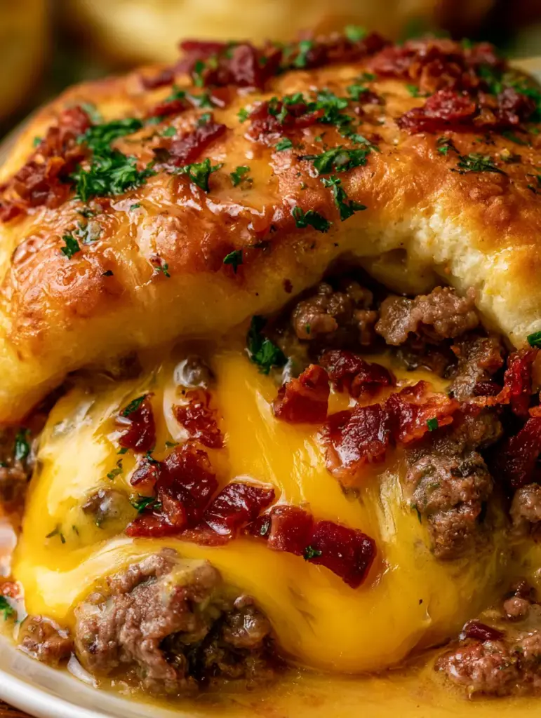 Bombas de cheeseburger: La receta irresistible con queso fundido y tocino crujiente 1 Detalle del relleno de carne de res y queso cheddar derretido dentro de las bombas de cheeseburger.