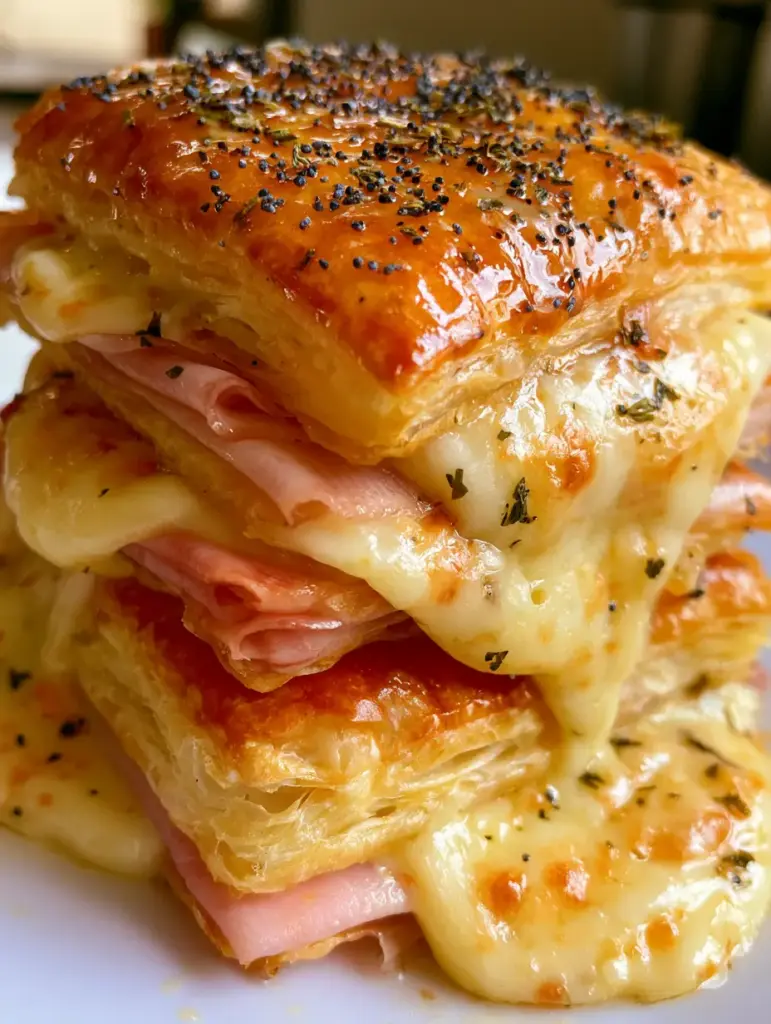 Hojaldre de jamón: El secreto para lograr mil capas crujientes y queso fundido 1 Hojaldre de jamón con queso suizo burbujeante cayendo por los lados bajo luz natural.