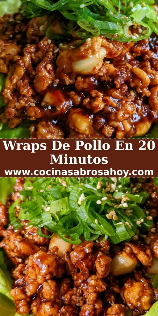Wraps de Pollo Estilo Oriental con Lechuga Crujiente y Salsa Hoisin 4 Primer plano de una mano sosteniendo un wrap de pollo con lechuga mantecosa, pollo glaseado en salsa hoisin, cebollín y semillas de sésamo bajo luz natural.