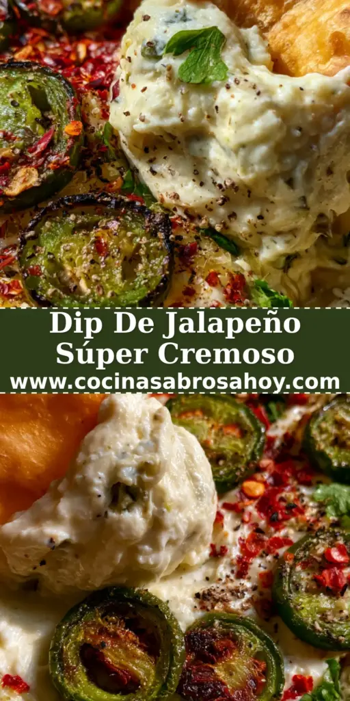 Dip de queso crema con jalapeños tatemados al estilo Cowboy 4 Primer plano de un dip de queso crema Cowboy servido en un bol rústico con jalapeños tatemados y un chip de tortilla.