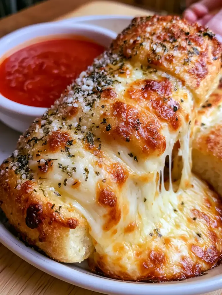 Vista cenital de palitos de queso recién horneados con costra de mantequilla de ajo y hierbas italianas.