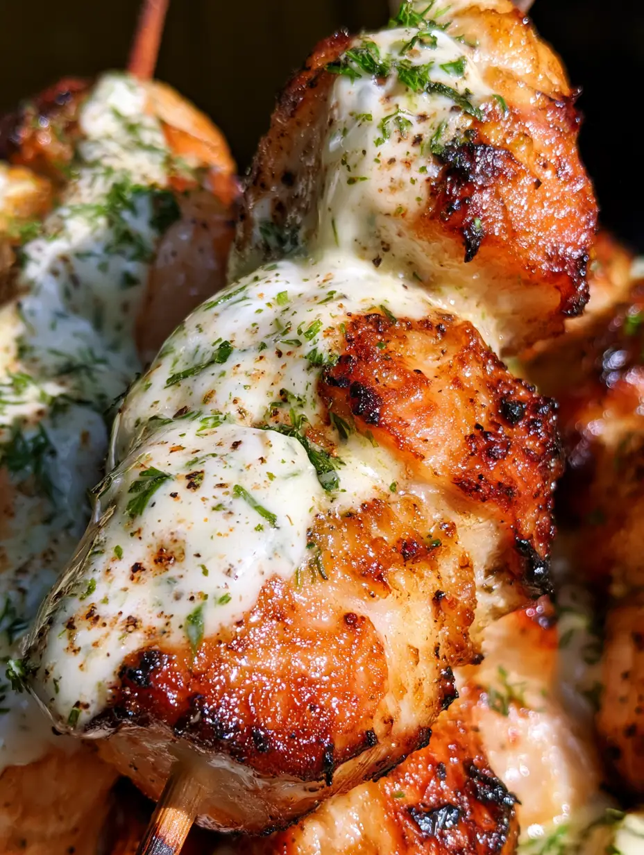 Macro de pollo frito al aire con bordes dorados, glaseado brillante y gotas de salsa blanca. (brochetas de pollo)