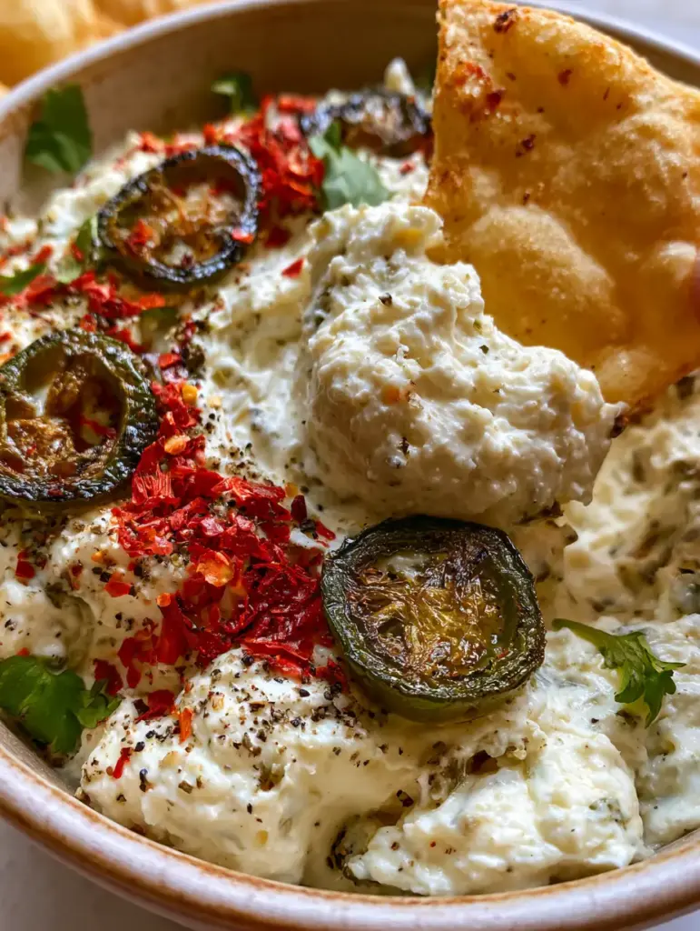 Dip de queso crema con jalapeños tatemados al estilo Cowboy 1 Chips de tortilla dorados sumergiéndose en un dip de queso crema con trozos de jalapeño.