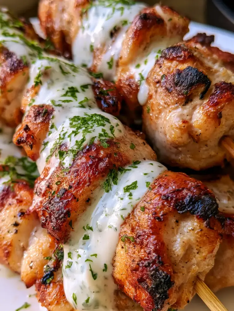 Brochetas de pollo con salsa ranch cayendo suavemente y espolvoreadas con eneldo verde frescas.