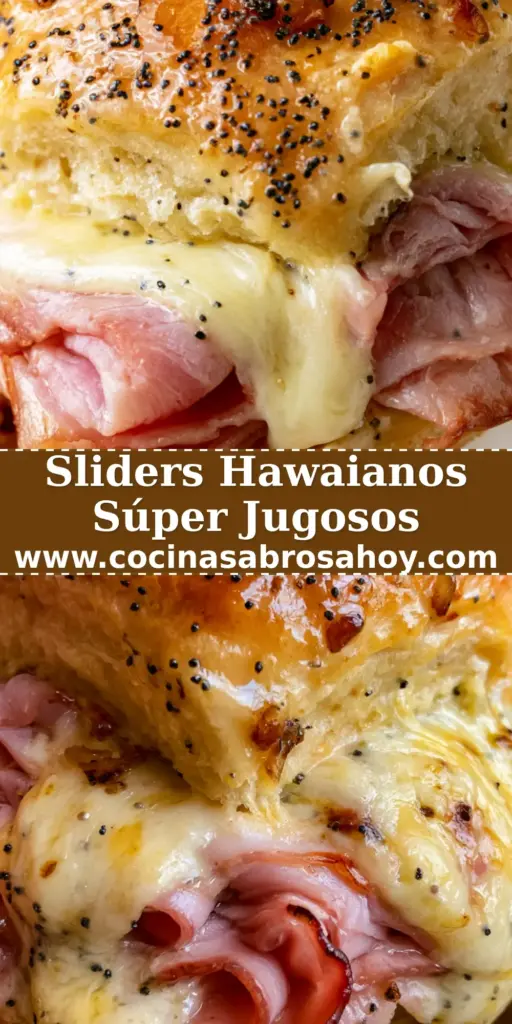 Primer plano de un slider hawaiano de jamón y queso suizo derretido siendo levantado de una fuente blanca. (sliders hawaianos)