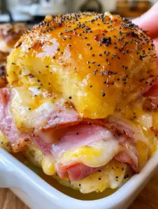 Foto de smartphone de sliders hawaianos con capas gruesas de jamón y queso suizo. (sliders hawaianos)